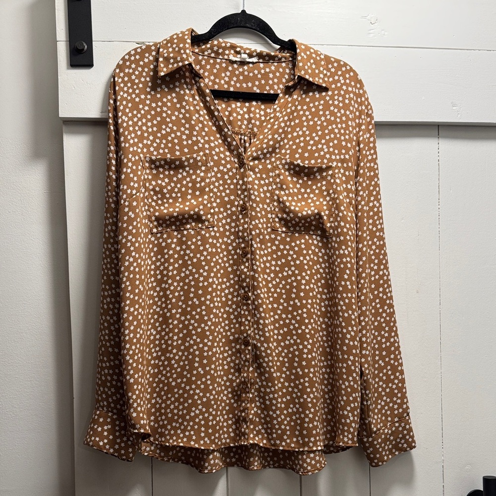 Maurice’s Polka Dot Flowers Button-Up Blouse XL 
Brown and White Top Shirt